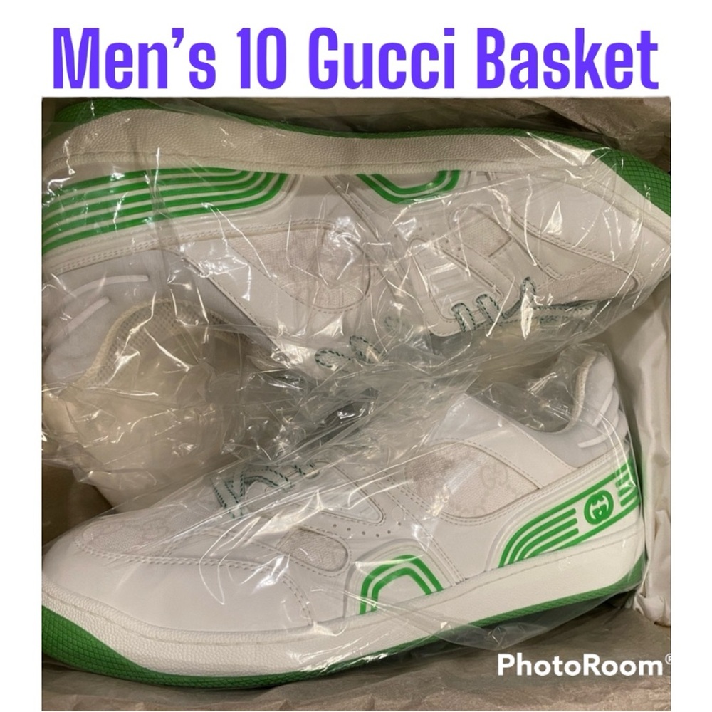 NIB Gucci 10 Men’s Basketball Shoes White Green Box Cloth Bags Basket - Picture 15 of 15